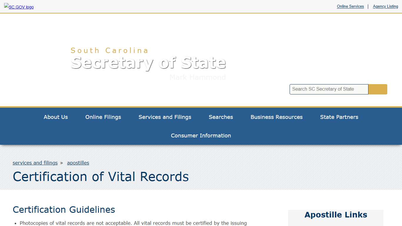 Certification of Vital Records SC Secretary of State